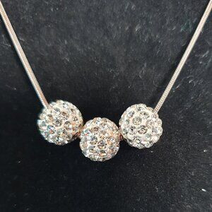Elegant 925 Sterling Silver Pave Crystal Triple Ball Bead Necklace